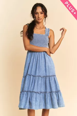 wholesale clothing plus washed denim smocking straps midi dress davi & dani