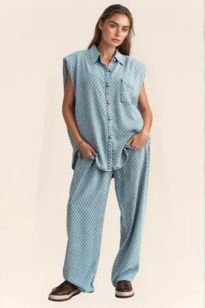 wholesale clothing checkered denim button down shirt n long pants set davi & dani