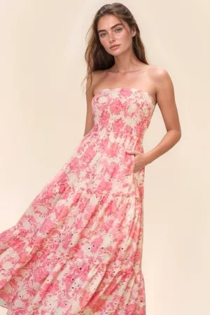 wholesale clothing floral smocked strapless ruffled maxi dress davi & dani