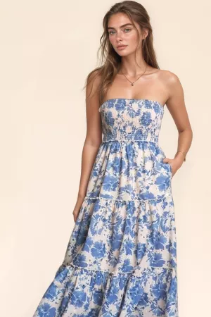 wholesale clothing floral smocked strapless ruffled maxi dress davi & dani