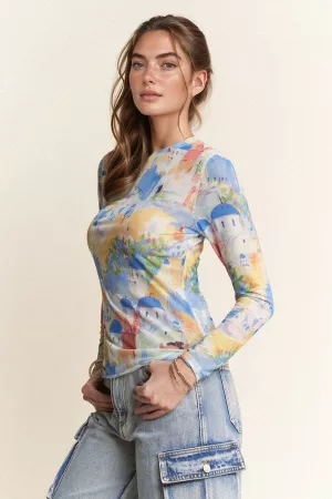 wholesale clothing multi printed mesh round neck long sleeve top davi & dani