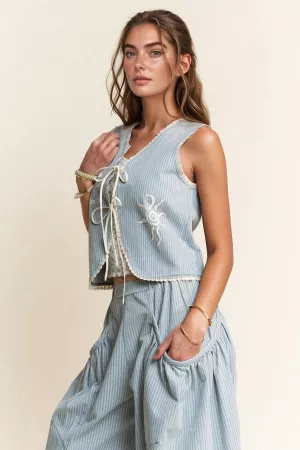 wholesale clothing striped denim moon lace edge tie front vest davi & dani