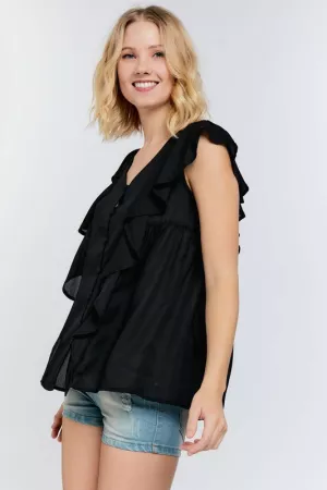 wholesale clothing ruffled short sleeve button down blouse top davi & dani