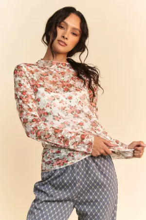 wholesale clothing floral print mesh long sleeve layering top davi & dani