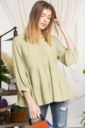 wholesale clothing solid midi 3/4 sleeve ruffle flare top blouse davi & dani