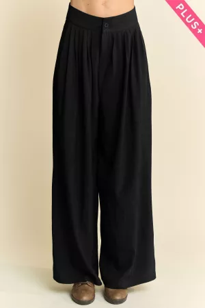 wholesale clothing plus solid back pocket shirring wide leg pants davi & dani