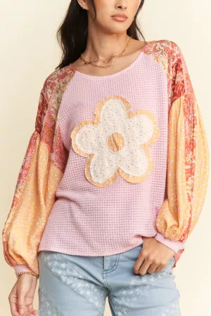 wholesale clothing floral patchwork balloon sleeve knit pullover top davi & dani