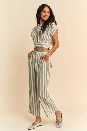 wholesale clothing striped cropped wrap top high waisted pants set davi & dani