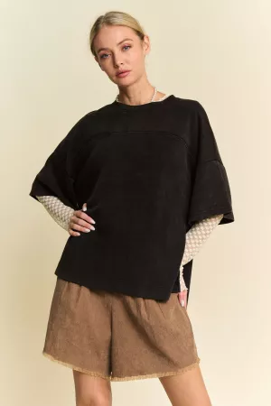 wholesale clothing washed crew neck dropped dolman sleeves top davi & dani