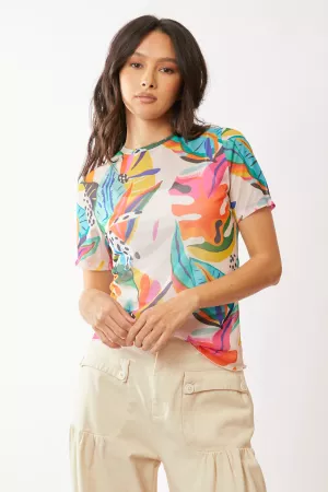 wholesale clothing tropical printed mesh short sleeve top davi & dani