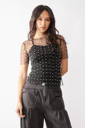 wholesale clothing bead and pearl embellished short sleeves mesh top davi & dani