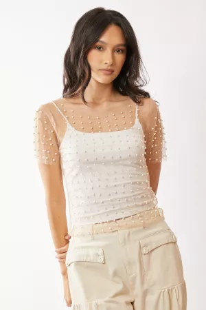 wholesale clothing bead and pearl embellished short sleeves mesh top davi & dani