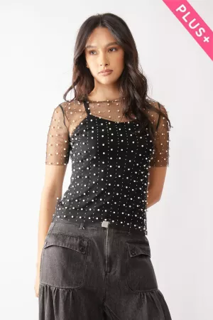 wholesale clothing plus bead embellished short sleeves mesh top davi & dani