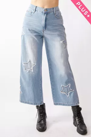 wholesale clothing plus star patch side pocket wide leg denim pants davi & dani