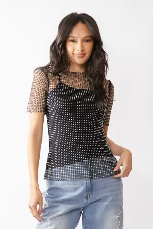 wholesale clothing sparkling diamante sheer mesh mock neck top davi & dani