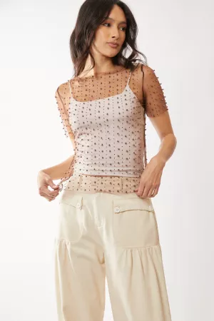 wholesale clothing bead and pearl embellished short sleeves mesh top davi & dani