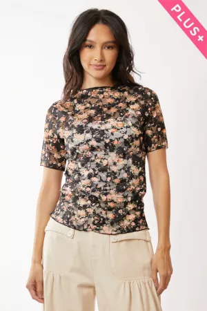 wholesale clothing plus floral printed mesh short sleeved top davi & dani