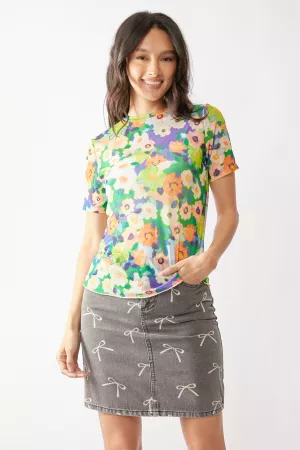 wholesale clothing flower printed mesh short sleeve top davi & dani