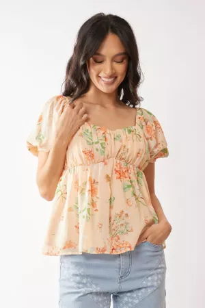 wholesale clothing woven floral print short sleeve balloon top davi & dani