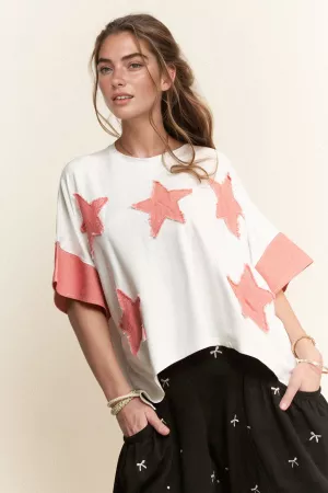 wholesale clothing acid-washed denim star patchwork short sleeve top davi & dani