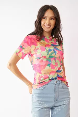 wholesale clothing flower printed mesh short sleeve top davi & dani