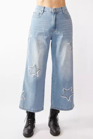 wholesale clothing star patchwork side pocket wide leg denim pants davi & dani