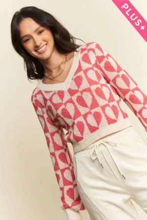 wholesale clothing plus heart pattern v neck long sleeve sweater top davi & dani