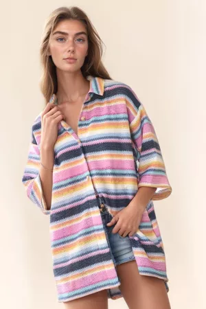 wholesale clothing multi striped crochet button up mid shirt top davi & dani