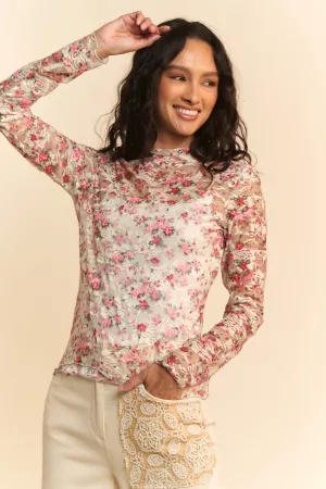 wholesale clothing floral print mesh long sleeve layering top davi & dani