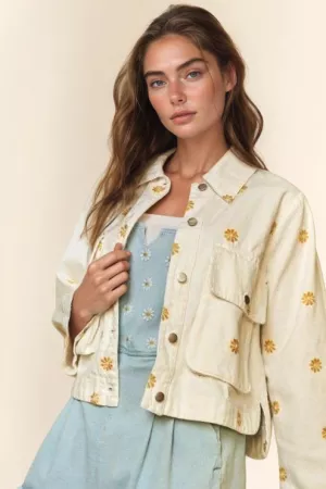 wholesale clothing daisey embroidered pocket wide sleeve denim jacket davi & dani