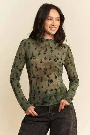 wholesale clothing floral mesh long sleeve sheer layering top davi & dani