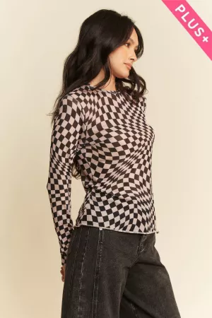 wholesale clothing plus checker board mesh long sleeve layering top davi & dani