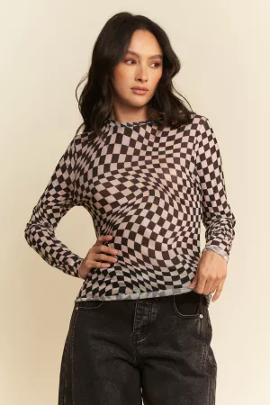 wholesale clothing checker board mesh long sleeve layering top davi & dani