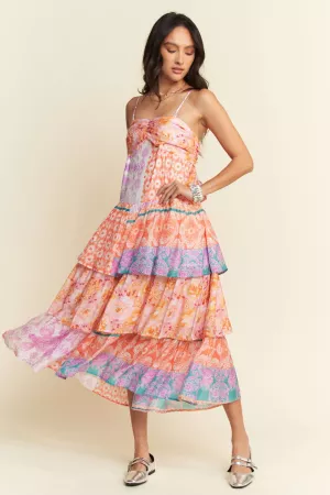 wholesale clothing multi oriental layered ruffle strap midi dress davi & dani