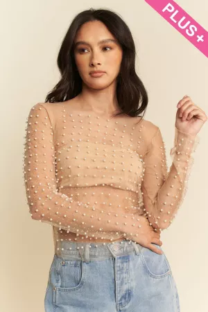 wholesale clothing plus bead pearl embellished long sleeves mesh top davi & dani