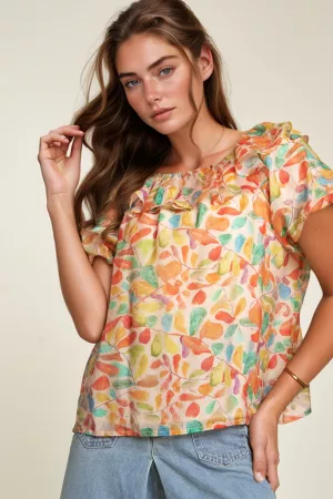 wholesale clothing floral printed short sleeve round neck ruffle top davi & dani