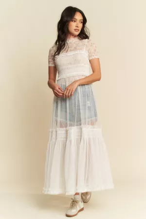 wholesale clothing short sleeves lace with sheer maxi dress davi & dani