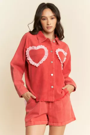 wholesale clothing lace ruffle hearts pocket denim shirt jacket davi & dani