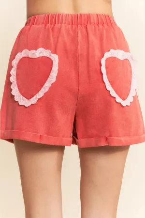 wholesale clothing denim washed heart patch elastic band waist short davi & dani