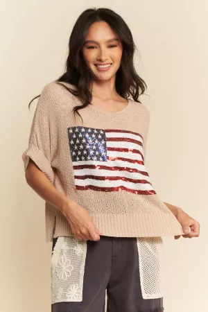 wholesale clothing sequin american flag patch short sleeve knit top davi & dani