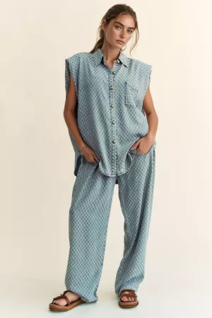 wholesale clothing checkered denim button down shirt n long pants set davi & dani