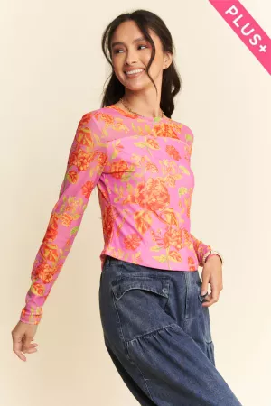 wholesale clothing plus floral print mesh long sleeve layering top davi & dani