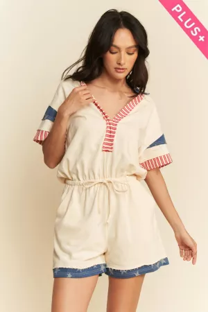 wholesale clothing plus american flag theme denim and stripe romper davi & dani