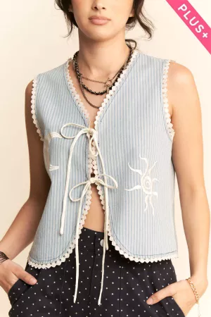 wholesale clothing plus striped denim moon lace edge tie front vest davi & dani