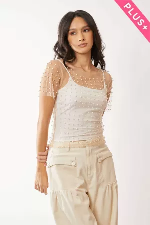 wholesale clothing plus bead embellished short sleeves mesh top davi & dani