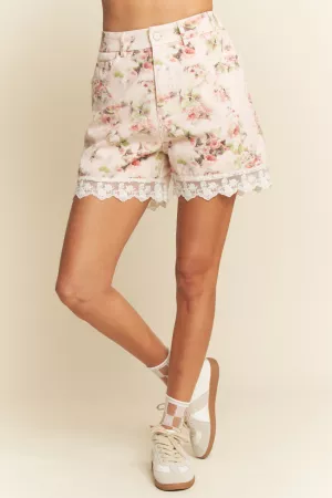 wholesale clothing garden floral washed deim lace detail shorts davi & dani