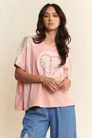wholesale clothing heart peace patch lace pearl short sleeve top davi & dani