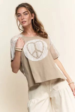 wholesale clothing heart peace patch lace pearl short sleeve top davi & dani