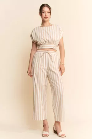 wholesale clothing striped cropped wrap top high waisted pants set davi & dani