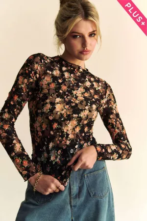 wholesale clothing plus floral print mesh long sleeve layering top davi & dani
